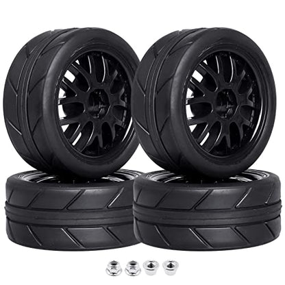 Pre-Glued OD 2.56" 12mm Hex Wheels Rims & Rubber Tires 26mm for 1/10 Scale On Road Racing Car Drift RC Touring Car, Set of 4 (Color C) - color: Color C