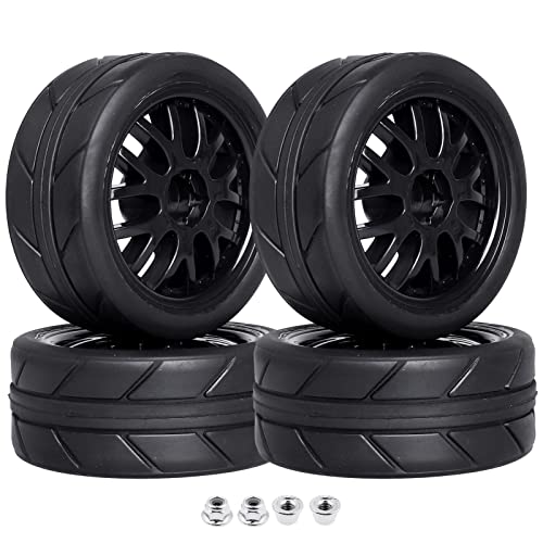 Pre-Glued OD 2.56" 12mm Hex Wheels Rims & Rubber Tires 26mm for 1/10 Scale On Road Racing Car Drift RC Touring Car, Set of 4 (Color C) - color: Color C