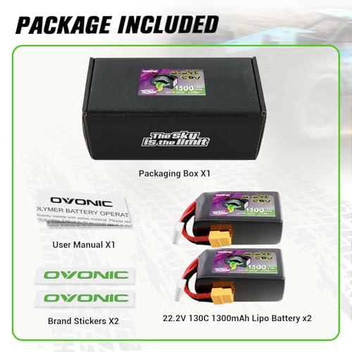 OVONIC 22.2V 6S Lipo 1300 mAh 130C Lipo Battery with XT60 Plug ?2 Pack?