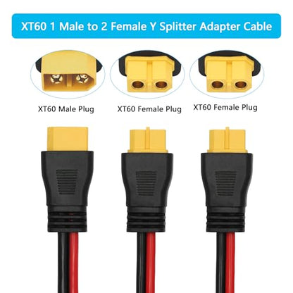 XT60 Parallel Battery Connector Cable, 12AWG XT60 Y Splitter Adapter Cable | XT60 RC Lithium Paralle Power Cord 1FT, 1 Male to 2 Female Y Splitter Adapter Cable, Plug and Play, for RC Multicopter - style: XT60 Splitter Cable 1 Male to 2 Female
