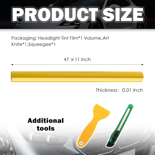 12×47" Car Headlight Tint Film,Cuttable Taillight Tint Film Kit with Squeegee & Cutter,Waterproof Tail Light Tints Films Car Exterior Accessories for Headlights Fog Lights Tail Lights (Yellow) - color: Yellow