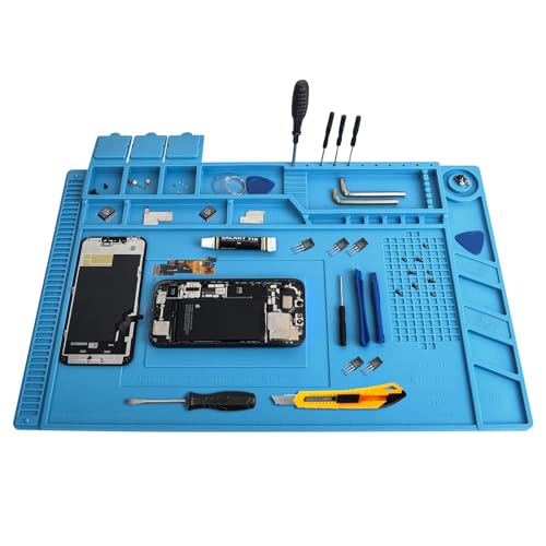 Professional Silicone Soldering Pad 932°F Heat-Resistant - 17.7“ x 11.8” Anti-Static Repair Workstation with Magnetic Area and Electronics Screw Storage Box