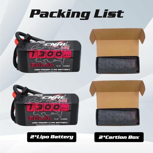 CNHL 1300mAh 3S LiPo Battery 11.1V 130C with XT60 Plug (2 Packs) | High discharge 3S LiPo battery for FPV racing drones, freestyle quadcopters, RC airplanes, helis, and boat models.