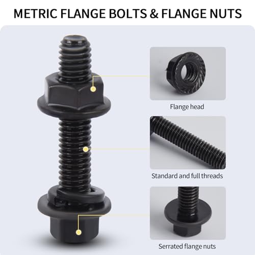 Flange Bolts Assortment Kit, M6 x 1.0, M8 x 1.25 M10 x 1.0 Flange Bolts Flange Nuts Assorted Bolts Metric Full Coarse Thread Nuts and Washers, Alloy Steel