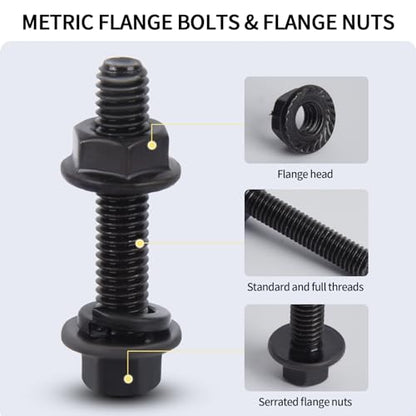 Flange Bolts Assortment Kit, M6 x 1.0, M8 x 1.25 M10 x 1.0 Flange Bolts Flange Nuts Assorted Bolts Metric Full Coarse Thread Nuts and Washers, Alloy Steel