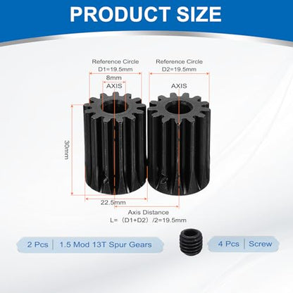 uxcell 2Pcs 1.5 Mod 13T Spur Gear 8mm Bore, 1045 Steel Pinion Gear Black Surface Treatment, 20°Pressure Angle, for Spur Rack and RC Model Car or Motor DIY - size: 1.5 Mod 13T, 8mm
