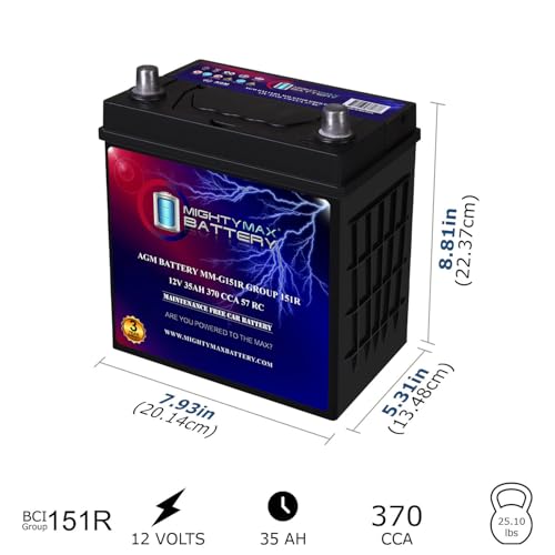 Mighty Max Battery MM-G151R Start and Stop Car BCI Group Size 151R 12V 35Ah, 57RC, 370 CCA Rechargeable AGM Car Battery - style: Group 151R