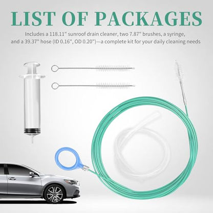 118" Auto Sunroof Drain Cleaning Tool Kit,Flexible Sun Roof Drain Cleaning Tool Kit Includes Brush,Syringe,Hose,Multi-Function Car Sunroof Drains Cleaner Tools Automotive Tools