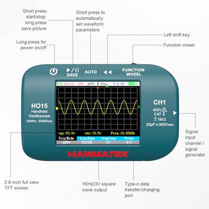HANMATEK HO15 Handheld Digital Oscilloscope - 50MHz Bandwidth, 200MSa/s High-Precision Sampling, 2.8" TFT Display, USB Rechargeable, Signal Generator,Portable for Fieldwork - style: Professional 50 Mhz