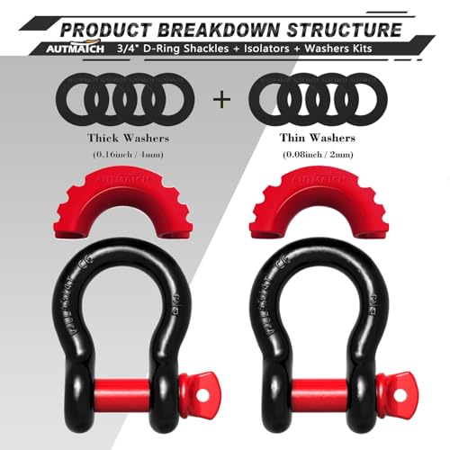 AUTMATCH 3/4" D Ring Shackles (2-Pack) - 41,887 lbs Break Strength | Clevis Shackle with 7/8" Pin & Isolator Washer Kit for Tow Strap, Winch, Towing & Off-Road Vehicle Recovery, Black & Red - color: Black & Red