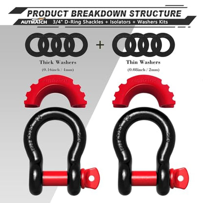 AUTMATCH 3/4" D Ring Shackles (2-Pack) - 41,887 lbs Break Strength | Clevis Shackle with 7/8" Pin & Isolator Washer Kit for Tow Strap, Winch, Towing & Off-Road Vehicle Recovery, Black & Red - color: Black & Red