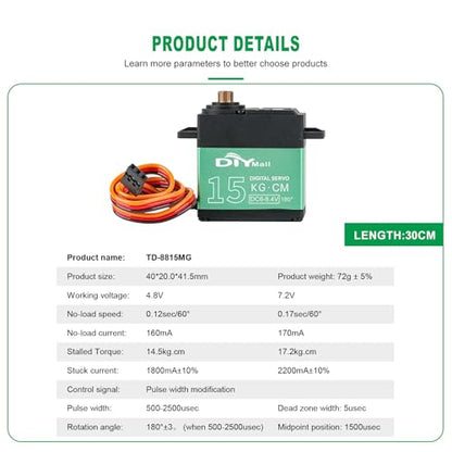 15kg High Torque Digital RC Servo 360 Degree Continuous Rotation Metal Gear Steering Servo Motor with 25T Servo Horn for 1/6 1/8 1/10 1/12 RC Models Car Robot Baja Crawlers DIY 4PCS
