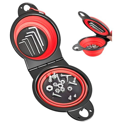 Magnetic Trays, Magnetic Bowl for Screws, Magnetic Tool Tray (red2.0) | Collapsible Magnetic Tool Tray, Integrated 5.1" Round Dual Silicone Bowls, Upgraded Version, Bonus Hook for On-the-Go Carry - style: red2.0
