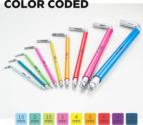 YOIbuy PRO Hex Key Wrench Set, 9-Piece Metric Allen Wrench Set, 1.5-10MM, SK2 Steel, Anti-Slip Ball End, Long Arm, Color-Coded, HEX-PRO Tech, for Mechanical Equipment, Vehicle, and Bicycle Repairs