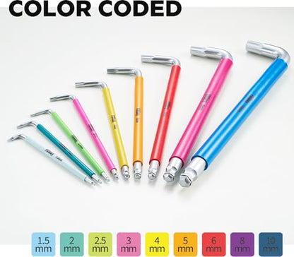 YOIbuy PRO Hex Key Wrench Set, 9-Piece Metric Allen Wrench Set, 1.5-10MM, SK2 Steel, Anti-Slip Ball End, Long Arm, Color-Coded, HEX-PRO Tech, for Mechanical Equipment, Vehicle, and Bicycle Repairs