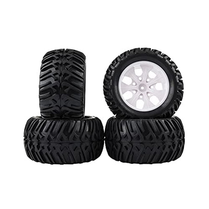 RC Tires & Wheels Set, Silver Plated Rims, 4PCS | 1/10 Scale, 12mm Hex, Monster Truck & Short Course, Foam Inserts - color: White