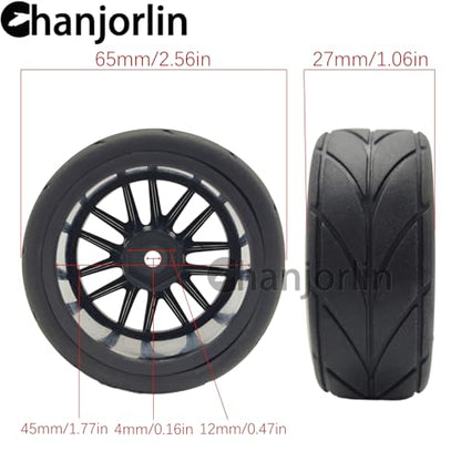 RC 1/10 On Road Touring Tires & Wheels 12mm Hex Hard Plastic Rims OD 65mm Street Racing Tyre for 1:10 1/12 Rally Drift Car Tamiya TT01 TT02 Traxxas XV02 XV01 HPI KYOSHO PTG2 4PCS (Black) - color: Black