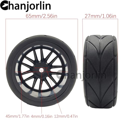 RC 1/10 On Road Touring Tires & Wheels 12mm Hex Hard Plastic Rims OD 65mm Street Racing Tyre for 1:10 1/12 Rally Drift Car Tamiya TT01 TT02 Traxxas XV02 XV01 HPI KYOSHO PTG2 4PCS (Black) - color: Black