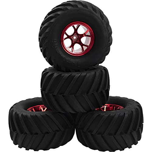 5.31''OD Rubber Tires & Wheel Rim 12mm Hex Hub Compatible with Traxxas Rustler HPI HSP Volcano Tamiya Exceed Himoto 1/10 Off-Road Monster Truck,135mmx73mm (Red) - color: Red