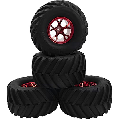 5.31''OD Rubber Tires & Wheel Rim 12mm Hex Hub Compatible with Traxxas Rustler HPI HSP Volcano Tamiya Exceed Himoto 1/10 Off-Road Monster Truck,135mmx73mm (Red) - color: Red