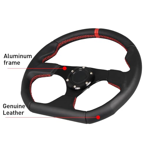 Universal Racing Sports Steering Wheel Red Stripe D Shape 13.8inch 350mm 6 Bolts Black Leather Hand Grip Steering Wheel with Horn Button - color: Red