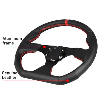 Universal Racing Sports Steering Wheel Red Stripe D Shape 13.8inch 350mm 6 Bolts Black Leather Hand Grip Steering Wheel with Horn Button - color: Red