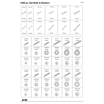 Performance Tool W5226 1200-Piece SAE/Metric Nut and Bolt Assortment Kit | Includes 360 machine screws, 840 nuts, bolts and washers in one kit. Labeled mountable rack with handle. Storage container