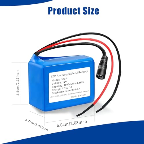 4000mAh 12V Rechargeable Lithium Battery Pack with Charger & Bare Leads - 6A Max Output for RC Cars, Robots, LED Strips, CCTV Cameras，DIY Projects