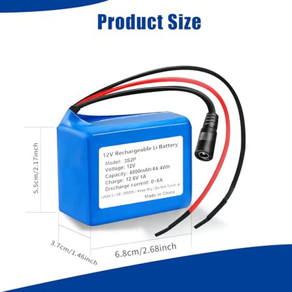 4000mAh 12V Rechargeable Lithium Battery Pack with Charger & Bare Leads - 6A Max Output for RC Cars, Robots, LED Strips, CCTV Cameras，DIY Projects