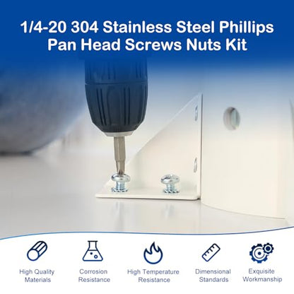 1/4-20 x 1/2" to 1-1/2" Pan Head Machine Screws Kit for Furniture Assembly | 80Pcs with Nuts, 304 Stainless Steel UNC Fully Threaded Phillips Drive, for Automotive Parts, Panel Mounting, Electronics DIY - size: 1/4-20