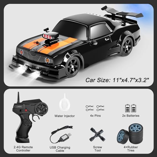 Fistone RC Drift Car 2.4GHz 1:16 Scale 4WD 18KM/H High Speed Remote Control Car with LED Lights, 2 Batteries and Rubber Tire, Racing Sport Toy Vehicle for Adults, Boys, Girls, and Kids