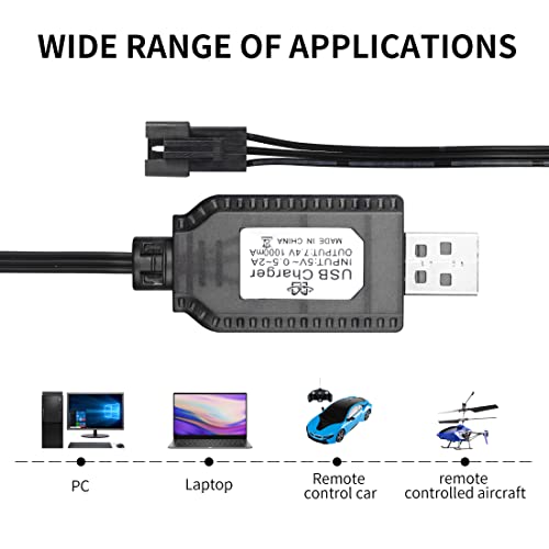 YACSEJAO 2 Pack 7.4V LiPo Battery USB Charger Cable with SM-3P Plug Connector for RC Model Vehicle Buggy Car Truck Boat
