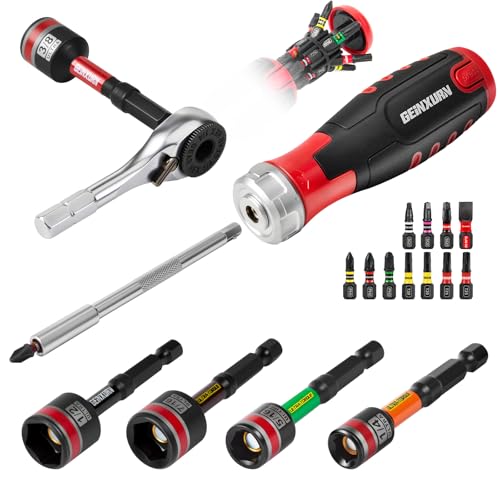19 Pieces Ratcheting Screwdriver Set and Socket Wrench Set, Mini Rachet Wrench, Rachet Screwdriver Handle and Nut Driver with 12 Pcs Impact Screwdriver Bit, Hand Tools Set for Repair DIY - style: RM019-US