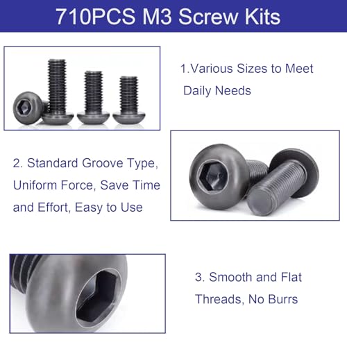 710PCS M3 Screw Assortment Kit, M3x6/8/10/12/16/20/25/30mm M3 Screw Kits | 10.9 Grade Alloy Steel Metric Hex Button Head Cap Screws, Nuts and Flat Washers, Black Zinc Plated Screw Set for 3D Printing - size: M3