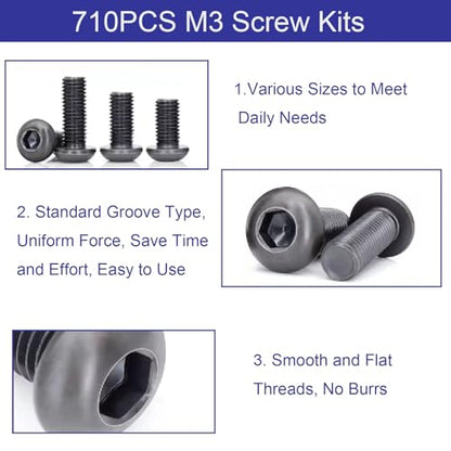 710PCS M3 Screw Assortment Kit, M3x6/8/10/12/16/20/25/30mm M3 Screw Kits | 10.9 Grade Alloy Steel Metric Hex Button Head Cap Screws, Nuts and Flat Washers, Black Zinc Plated Screw Set for 3D Printing - size: M3