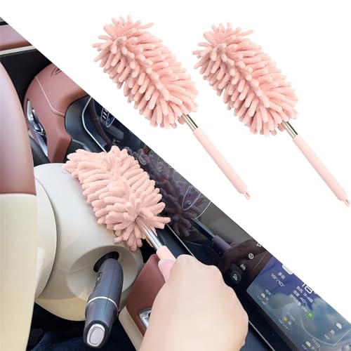 2PCS Car Interior Duster with Extension Pole, Microfiber Retractable Dusters Auto Dash Cleaning Tool, Soft Chenille Hand Washable Dusters for Vehicle Window Office Furniture (Pink) - color: Pink