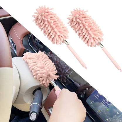 2PCS Car Interior Duster with Extension Pole, Microfiber Retractable Dusters Auto Dash Cleaning Tool, Soft Chenille Hand Washable Dusters for Vehicle Window Office Furniture (Pink) - color: Pink