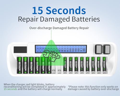 BEVIGOR AA AAA Battery Charger, Batteries Not Included | 16+2 Slot Independent Charging, 16 Slot For AA AAA 2 Slot For 9V NiMH NiCD Rechargeable Batteries, LCD Display, AC Input - size: 18 Bay Charger