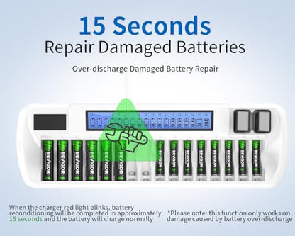 BEVIGOR AA AAA Battery Charger, Batteries Not Included | 16+2 Slot Independent Charging, 16 Slot For AA AAA 2 Slot For 9V NiMH NiCD Rechargeable Batteries, LCD Display, AC Input - size: 18 Bay Charger