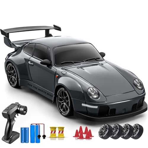 RC Drift Car, 1:24 Scale Remote Control Vehicle with LED Lights,Drifting Tires＆Two Batteries, Racing Sports Toy Idea Gift for Adults Boys Girls and Kids Gray - color: Gray