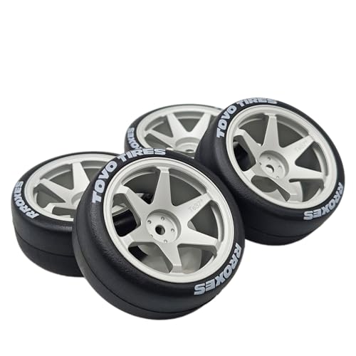 RC 1/10 Drift Tires & Aluminum Wheels 12mm Hex OD 65mm Hard Drift Racing Smooth Tyres for 1:10 1/12 Rally Street On Road Touring Car TT01 TT02 XV02 XV01 TA06 HPI KYOSHO PTG2 4PCS (Silvery) - color: Silvery