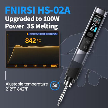 FNIRSI HS-02A 100W Portable Corded Soldering Iron Kit, 3S Fast Heating | 212-842℉, Pre-set 3 Groups Temps, Auto Sleep, 6 F245 Soldering Tips, Smart Digital Soldering Pen Tool for Electronics Repair