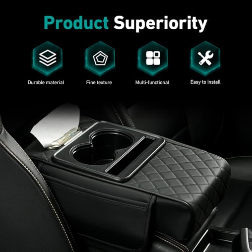 Car Arm Rest Cover Pad, Multi-Functional Center Armrest Box Height Increasing Pad with 2 Cup Holder, Tissue Box, Phone Storage Slot, 2 Storage Bags, Universal for Car Organizer (Black)