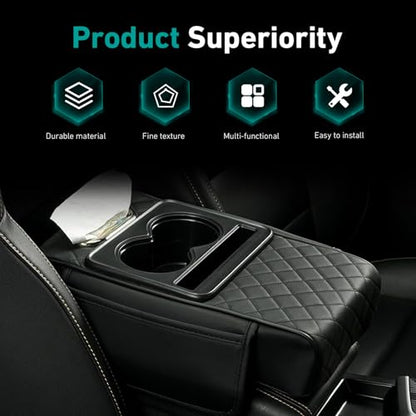 Car Arm Rest Cover Pad, Multi-Functional Center Armrest Box Height Increasing Pad with 2 Cup Holder, Tissue Box, Phone Storage Slot, 2 Storage Bags, Universal for Car Organizer (Black)