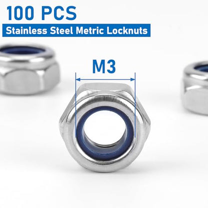 100 Pack 304 A2-70 M3 Nylon Lock Nuts | 100 Pack 304 A2-70 Stainless Steel M3 Nylock Nuts, Anti-Loose, for Micro Light Duty Industrial & Home Fastening - color: Silver, size: M3