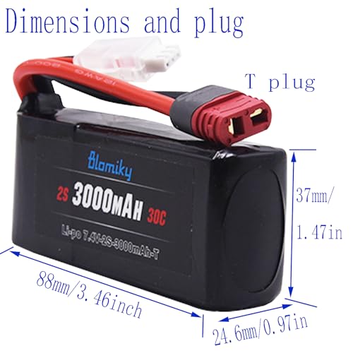 Blomiky 2 Pack 7.4V 2S 3000mAh Shorty T Plug Lipo Battery Pack with XT60 Converter Suitable for Wltoys 124019 144001 and Hyper Go H14BM 14211 14210 RC Trucks / 7.4V 3000mAh T