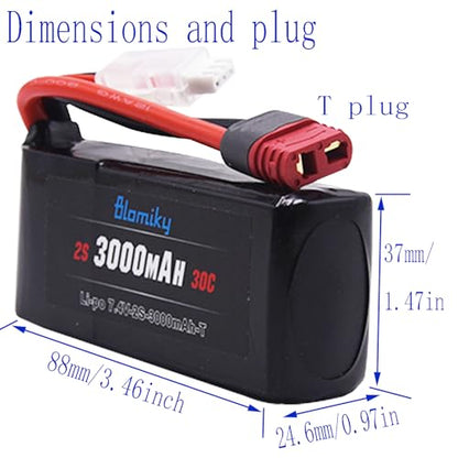 Blomiky 2 Pack 7.4V 2S 3000mAh Shorty T Plug Lipo Battery Pack with XT60 Converter Suitable for Wltoys 124019 144001 and Hyper Go H14BM 14211 14210 RC Trucks / 7.4V 3000mAh T