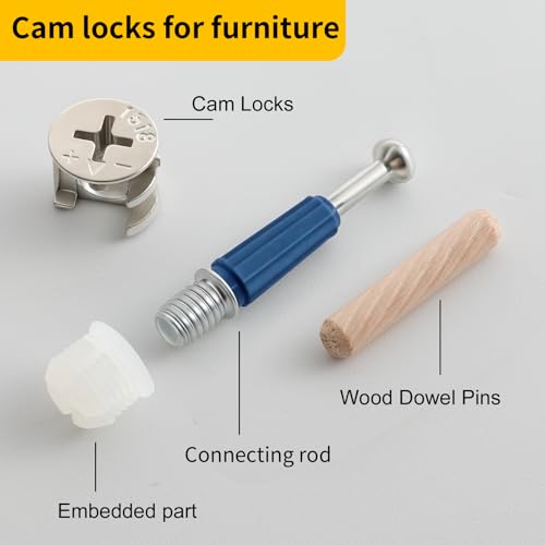 138PCS Cam Locks for Furniture Assortment Kit,3-in-1 Eccentric Hardware Wheels,Furniture Cam Lock Fasteners with Multi-Size Nuts,Bolts,Wood Dowel Pins,Repairing Cabinet,Closet,Drawer
