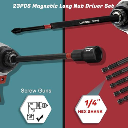 Magnetic Nut Driver Set 23Pcs, Metric 6-15mm & SAE 1/4"-9/16" | 6" Extra Long Impact Bits with Strong Magnet, 1/4" Hex Shank for Drill, for Car Maintenance & Furniture Assembly - size: 23pcs Nut Driver Set