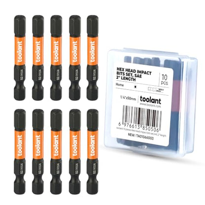 toolant 1/4" Impact Hex Bit Set, 10-Piece | CNC-machined tips, S2 alloy steel body, hardened core, magnetic fastener retention, impact-driver use - size: 1/4"(10pcs)